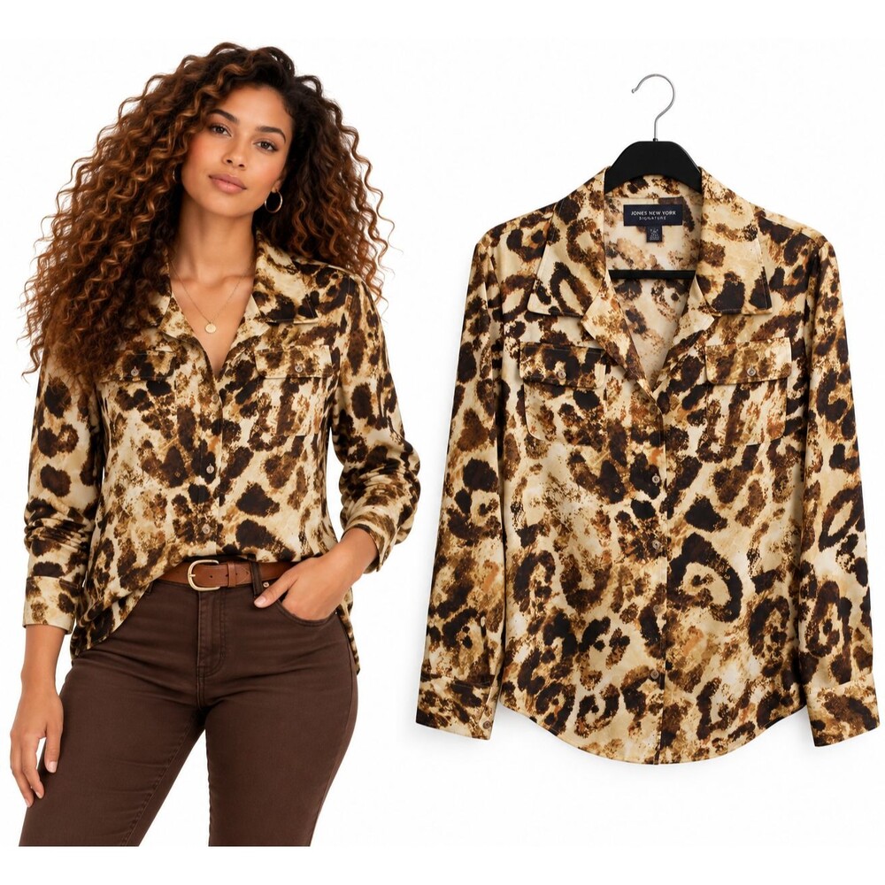 Jones New York Signature Button Down Blouse Shirt Large Leopard Print Safari